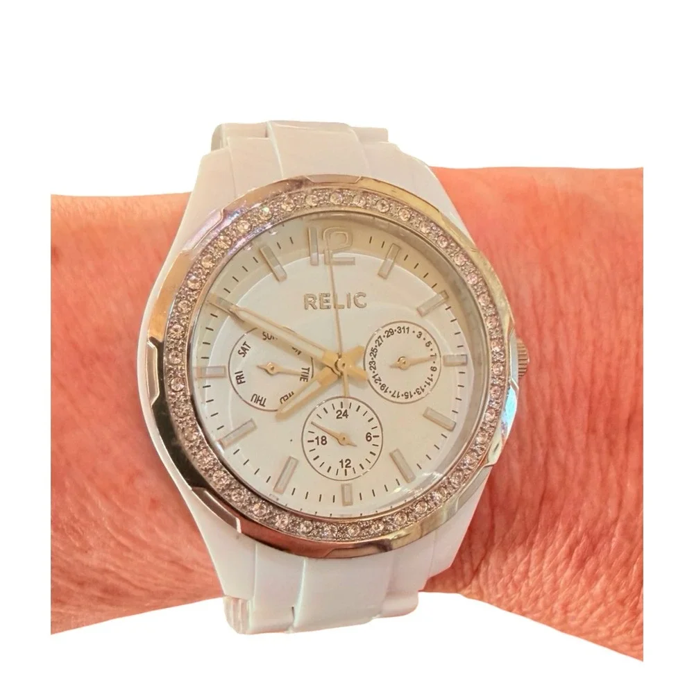 Relic ZR15551 White Ceramic Crystal Bezel Multifunction Women's Watch Works